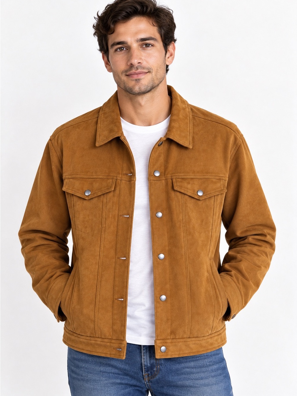 Goodfellow & Co Men’s Faux Suede Trucker Jacket Brown Tan Size L